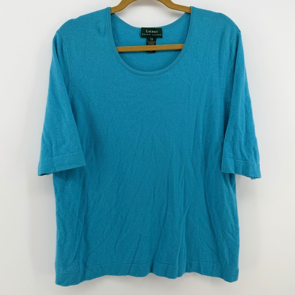 Lauren Ralph Lauren 100% Cashmere Sweater 2X Plus Aqua Blue Short Sleeve Top